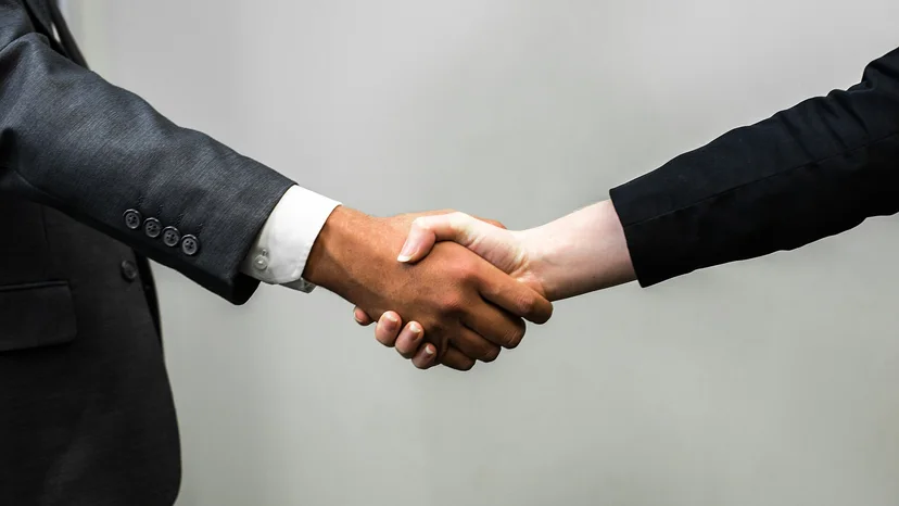 Close-up photograph of two business professionals shaking hands, illustrating appointing an auditor