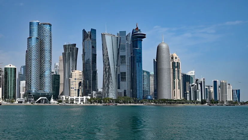 Real photograph of office towers along the West Bay waterfront in Doha, Qatar