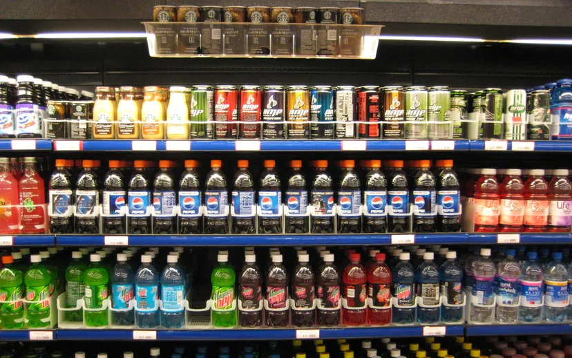 Supermarket shelves stocked with rows of bottled soft drinks, juices and sports drinks.
