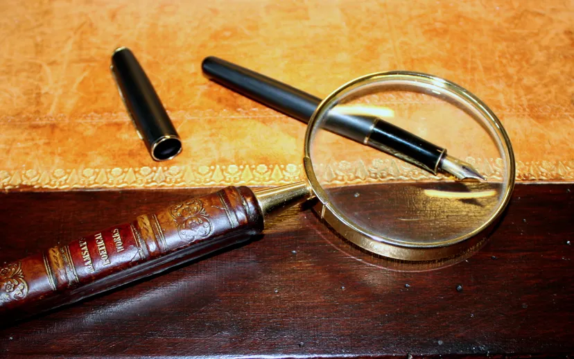 A magnifying glass rests over an open fountain pen on a leather-topped desk.