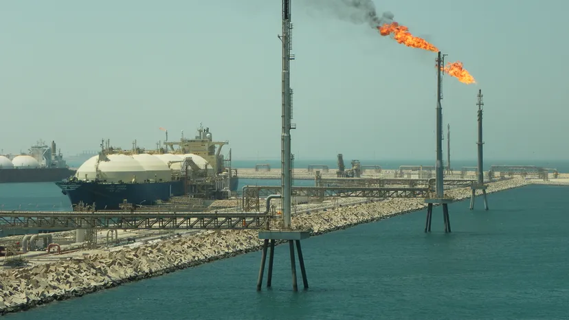 The Ras Laffan LNG terminal on the coast of Qatar, with gas flares