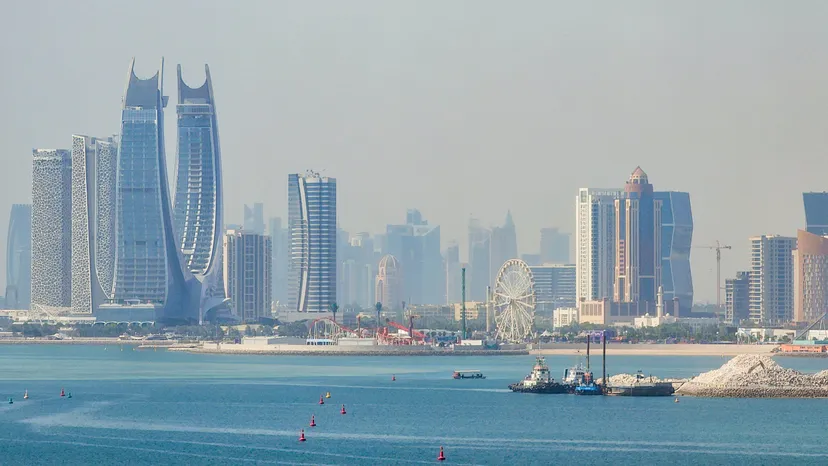 The Lusail City skyline seen from the sea off Qetaifan Island